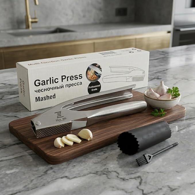 Premium Garlic Press Stainless Steel, Heavy Duty Mincer & Crusher Tool, Large Capacity Ginger Press and Masher, Easy Squeeze Presser, Rustproof Dishwasher Safe Kitchen Gadget