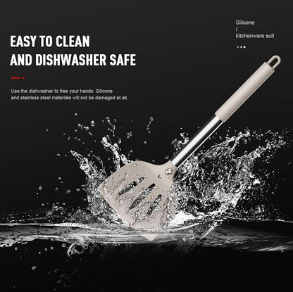 oannao Large Silicone Cooking Utensils Set - Heat Resistant Kitchen Utensils,Turner Tongs,Spatula,Spoon,Brush,Whisk,Stainless Steel Cooking Tool for Nonstick Cookware,Dishwasher Safe (Khaki)
