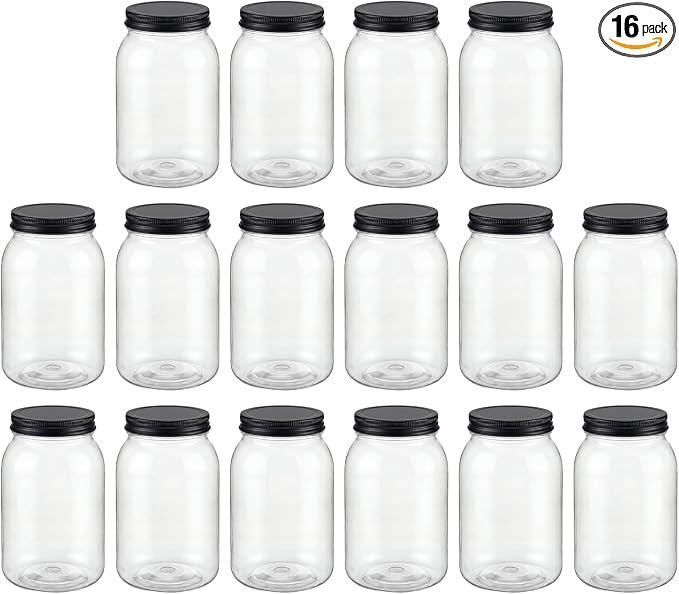 novelinks 32 oz Clear Plastic Jars with Lids, 16 Pack Large Plastic Mason Jars with Lids 32oz, Reusable Quart Containers for Kitchen Organization (16 Pack,Black)