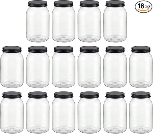 novelinks 32 oz Clear Plastic Jars with Lids, 16 Pack Large Plastic Mason Jars with Lids 32oz, Reusable Quart Containers for Kitchen Organization (16 Pack,Black)