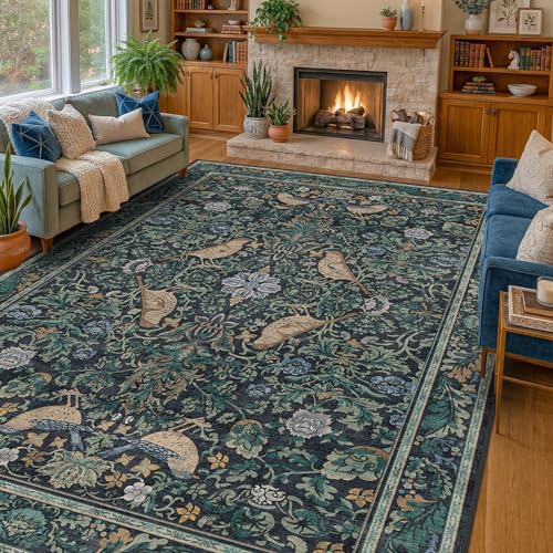 Large Washable Floral 10x14 Area Rug for Living Room - Boho Soft Rugs for Bedroom, Low Pile Carpet for Dining Room, Vintage Bird Blue and Green Indoor Décor, Non-Slip Stain & Fade Resistant
