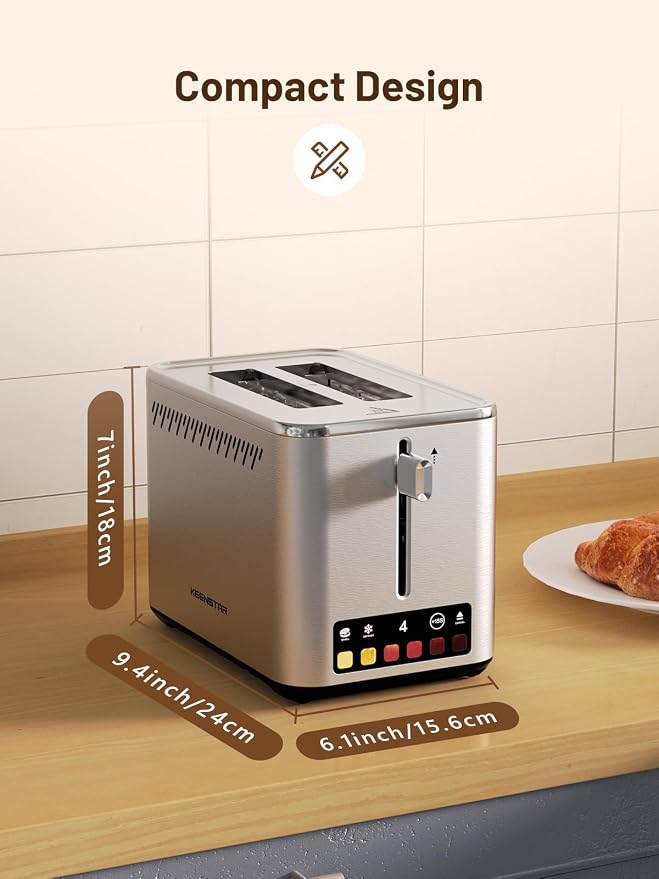 KEENSTAR Touch Screen 2-Slice Toaster with 6 Browning Levels, Bagel, Defrost & Timer, Wide 1.5" Slots, Removable Crumb Tray, 900W Stainless Steel Smart Toaster for Bagels, Breads & Waffles