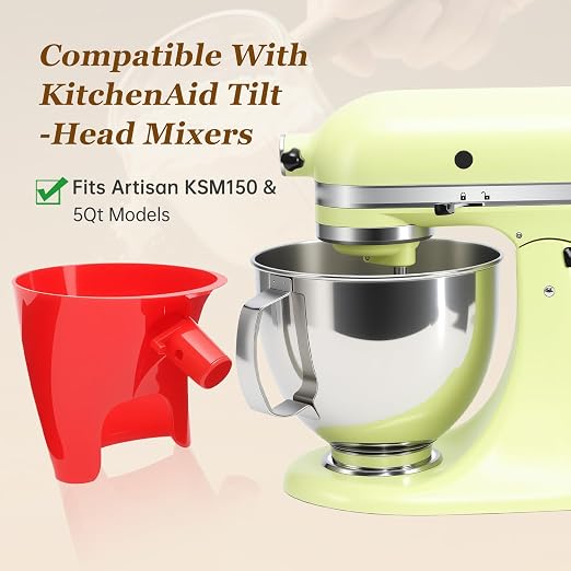 Red Flour Funnel for Kitchenaid Mixer, Anti-Splash Accessory, Compatible with 5 Qt Tilt-Head Models (KSM150) and Bowl Lift, Easy Pour AMD Clean Kitchen Aid Funnel Attachment