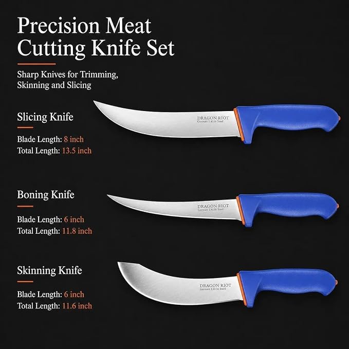 DRAGON RIOT 3 Pcs Butcher Knife Set, Stainless Steel Boning & Carving Knives, Sharp Kitchen Cutlery for Meat Cutting Trimming, Perfect for Home Kitchen, Outdoor Camping BBQ & Holiday Gift