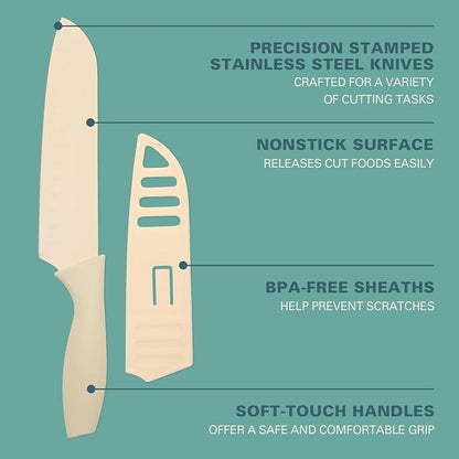 Gibson Home Bostonville 12 Piece Kitchen Knives Set W/Blade Guards/Sheaths, Chef Knife Sets With Nonstick Blades - White
