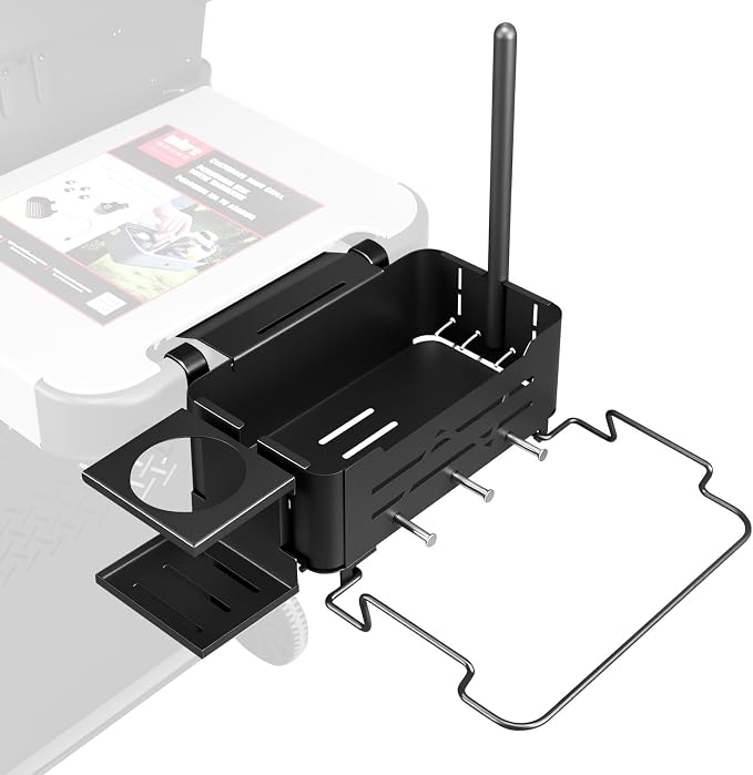 Uniflasy Side Shelf Organizer Compatible with Weber Works Rails, Spirit E-425, Genesis, Performer and Slate Grill Parts Metal Caddy Basket with Paper Towel, Trash Bag, Cup Holder and 4 Hooks