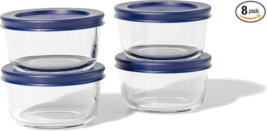8-Piece Glass Food Storage Containers Set (4 Containers + 4 BPA-Free Lids) | 1-Cup, Leakproof | Microwave, Freezer, Oven & Dishwasher Safe | Ideal for Meal Prep & Pantry Organization, Blue