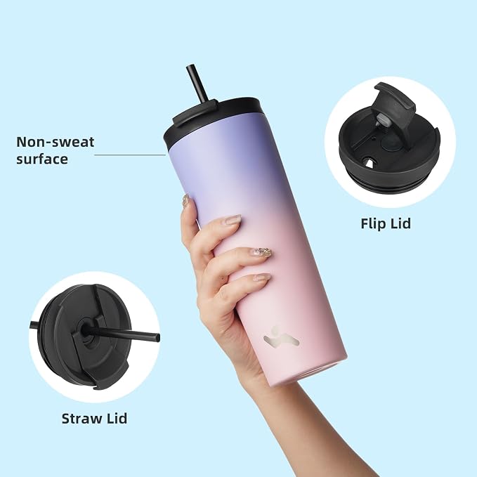 Konokyo 26 OZ Insulated Tumbler with Lid and 2 Straws Stainless Steel Water Bottle Vacuum Travel Mug Coffee Cup,Pastel Sunset