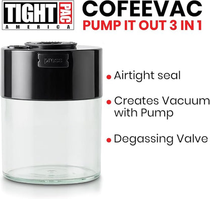 COFFEEVAC Pump It Out Airtight Coffee Container – Vacuum Storage Container for Ground Coffee Beans – Patented Vacuum Seal with Degassing Valve, 1/2 lb, Black/Clear