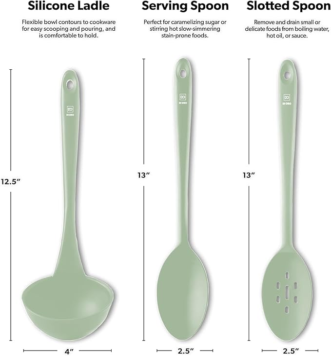 DI ORO Silicone Ladle & Spoons for Cooking – Large Kitchen Spoons for Mixing, Serving, & Stirring - Soup Ladle with Wide Bowl - High Heat Silicone Kitchen Utensils for Nonstick Cookware Safe (Sage)