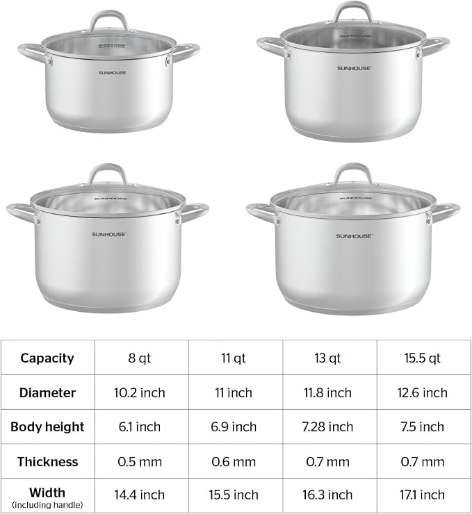 Sunhouse Stock Pot with Lid - 13 QT Large Pot for Cooking Pasta, Soup, Spaghetti - Impact Bonding Base Big Stainless Steel Pots for Canning, Boiling - Oven Safe & Induction Compatible Cookware