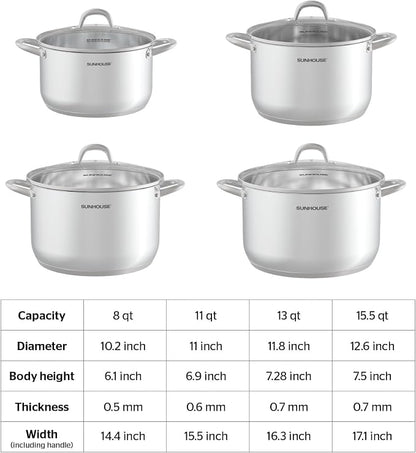 Sunhouse Stock Pot with Lid - 13 QT Large Pot for Cooking Pasta, Soup, Spaghetti - Impact Bonding Base Big Stainless Steel Pots for Canning, Boiling - Oven Safe & Induction Compatible Cookware