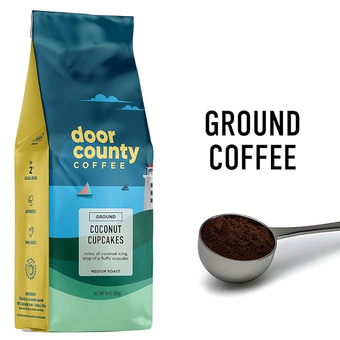 Door County Coffee Coconut Cupcakes Flavored Ground - 10 oz Bag - Flavored Ground Medium Roast - 100% Specialty Arabica - Flavored Gourmet - Coconut Cupcakes