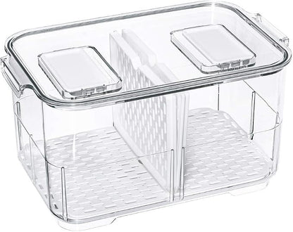 SANNO Fridge Food Storage Containers Produce Saver FreshWorks Produce Food Storage Container Bin Stackable Refrigerator Kitchen Organizer Keeper, with Removable Drain Tray to Keep Fresh