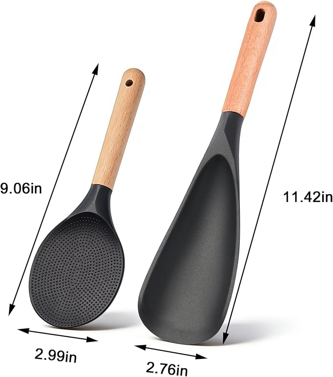 Cooking Spoon 2-Pack: Multi-Function Wood Handle Silicone Spatula Spoon & Rice Scooper for Nonstick Cookware - BPA-Free Heat-Resistant Kitchen Utensils Set for Mixing, Serving, Scooping, Scraping