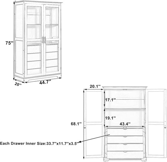 VilroCaz 75'' Tall Kitchen Pantry, Wood Freestanding Kitchen Storage Cabinet Display Cabinet with Glass Doors and 4 Built-in Drawers for Living Room Home Office (White-6.21)