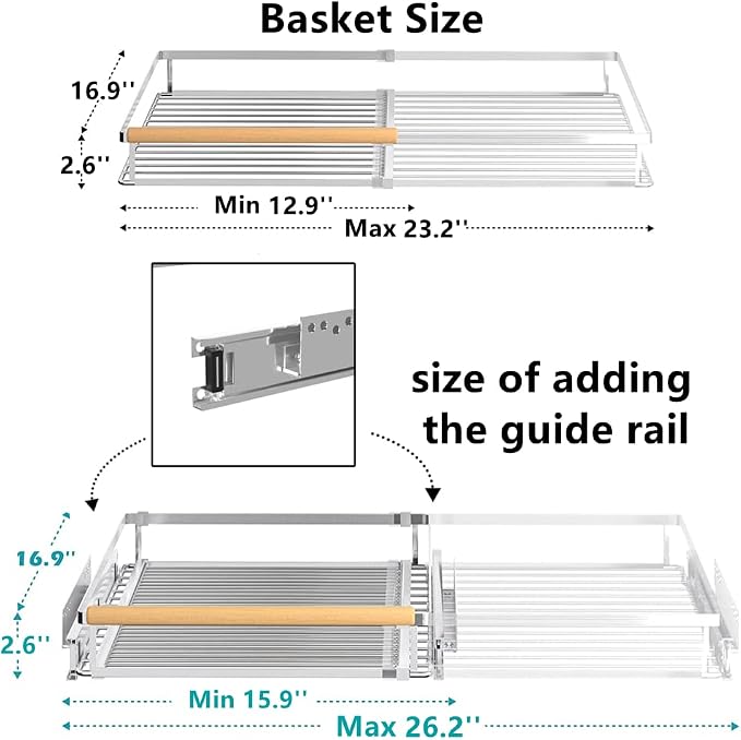 Pull Out Cabinet Shelf, Slide Out Cabinet Organizer Heavy Duty Under Sink, Anti Rust Kitchen Organizer Basket, Smooth Roll Expandable Sliding Drawer, 2 Pack Chrome 15.9''-26.2''