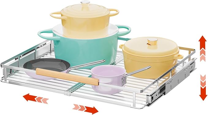 Expandable Pull Out Cabinet Organizer, 17.1"-28.1" W x 22.5" D | 1Pack, Stainless Steel Slide Out Drawers, Heavy Duty Drawer Slides, For Kitchen Pantry Cupboard Pots Pans, Adjustable Width