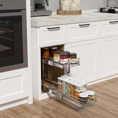 OCG 2 Tier Pull Out Cabinet Organizer (7.5" W x 21.5" D), Pull Out Drawers for Kitchen Cabinets, Pull Out Shelves for Base Cabinet Organization in Kitchen Bathroom Pantry, Chrome Finish