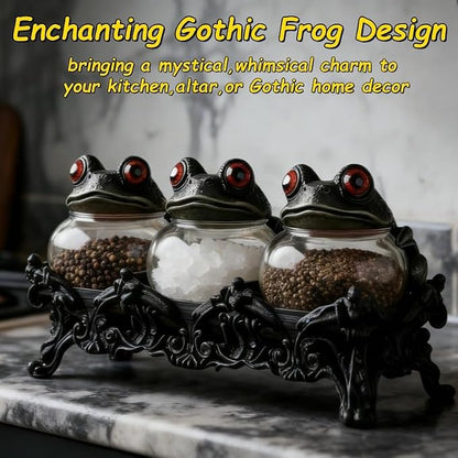 Witchy Frog Apothecary Spice Jars, Handcrafted Vintage Glass Storage Jars with Red-Eyed Frog Lids, Gothic Kitchen Herb Teas Food Storage Containers for Home Decor Fun Display (3-piece set)