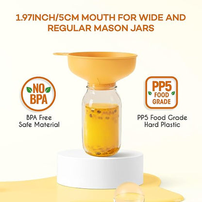 Pisol Wide Mouth Versatile Funnel, Canning Funnels for Kitchen Use, Food Grade Plastic Cooking Funnel Set with 4 Size Spouts and 2 Strainers for Filling Different Bottles and Bags, Orange