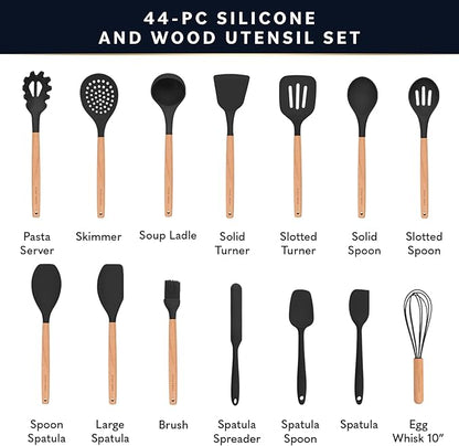 Home Hero 44 Pcs Silicone Kitchen Utensils Set, Non-Stick Silicone Cooking Utensils Set with Spatula, Wooden Handle Spatula, Silicone Kitchen Gadgets Utensil Set (44 Pcs - Black)