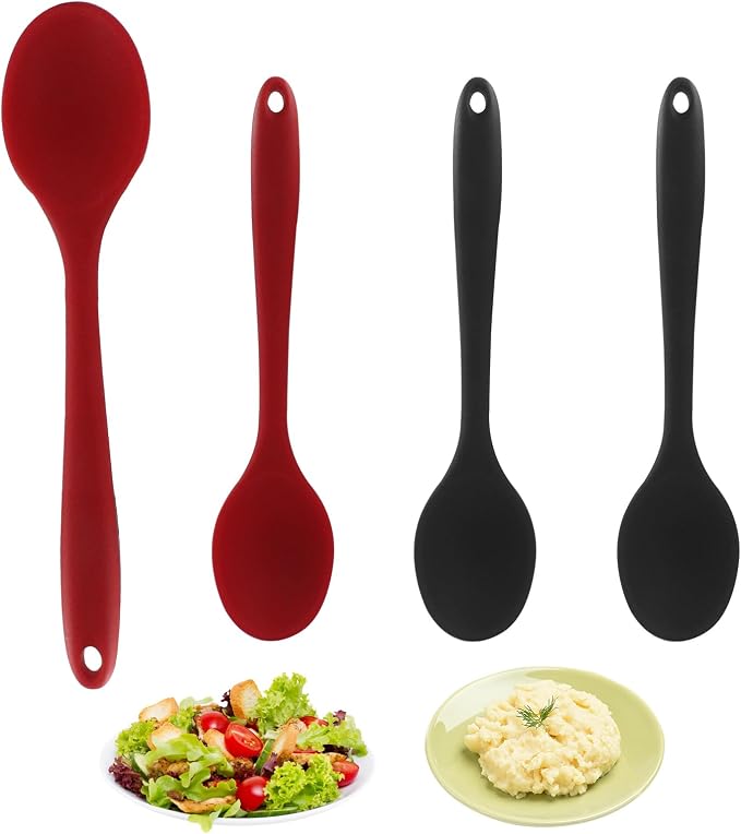 Zorfeter 4 Pcs Small Silicone Spoons, Nonstick Kitchen Spoon Heat Resistant Stirring Serving Spoon for Kitchen Cooking Baking Mixing Tools(Red+Black)