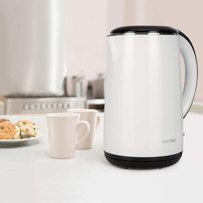 Secura Original Stainless Steel Double Wall Electric Water Kettle 1.8 Quart with Auto Shut-Off & Boil-Dry Protection, White SWK-1701DW/HB-3227B