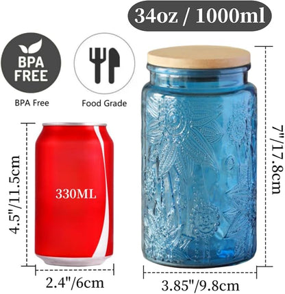 ANSQU Set of 2 Vintage Glass Jars, 34oz Candy Jars with Lids, Vintage Colored Mason Jar for Kitchen Decorative Jars for Coffee Tea Candy Cookies, Cute Jar (Blue & Green)