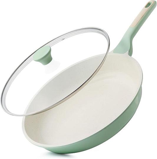 SENSARTE Nonstick Ceramic Frying Pan with Lid 12.5 Inch Cooking Pan Skillet, Free of Intentionally Added PFAS/PTFE Non-toxic Chef's Pan Induction Compatible Pan, Heat Resistant Handle, Mint Green