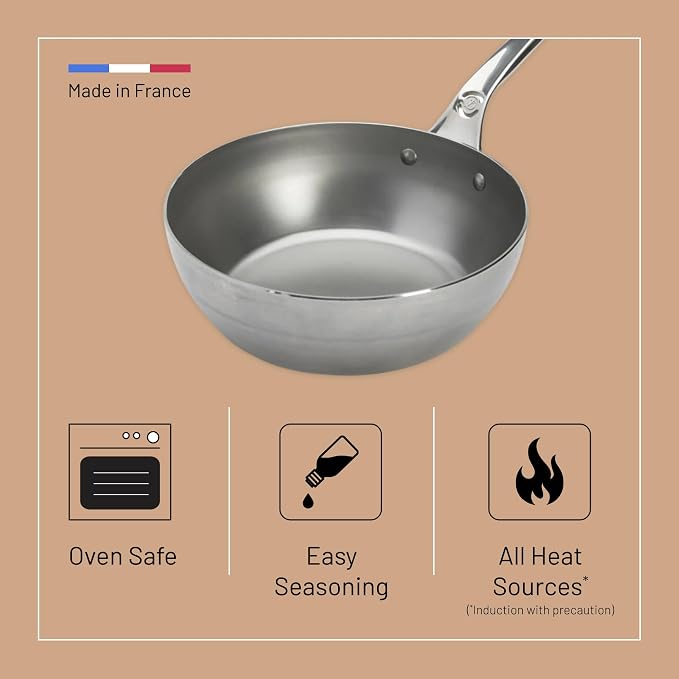 de Buyer MINERAL B Pro Carbon Steel Country Fry Pan - 9.5” Diameter, 6.5” Cooking Surface - Ideal for Sauteing, Simmering, Deep Frying, Stir Frying - Naturally Non-Stick Finish - Made in France
