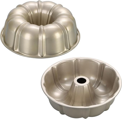 P&P CHEF 10 Inch Light Gold Non-stick Cake Pan, Carbon Steel Fluted Tube Round Baking Pan for Pound Cake, 10-Cup Large Capacity Bakeware, Healthy & Heavy Duty, 2 Pieces