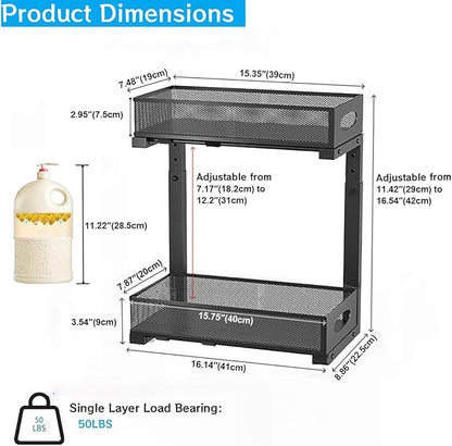2-Pack Under Sink Organizer, 2-Tier Pull Out Baskets, Black | Rustproof carbon steel, 2 tier mesh sliding drawers, Height adjustable to bypass pipes, For kitchen, bathroom, laundry