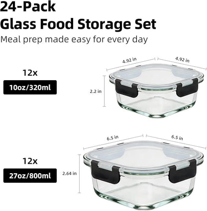 Konokyo Square Glass Food Storage Containers with Lids, 24 Pack Airtight Leakproof Meal Prep Containers, BPA-Free, Microwave Oven Freezer & Dishwasher Safe, Assorted Sizes