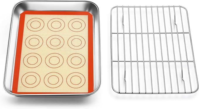 TeamFar Toaster Oven Pan with Rack & Mat, 9.3’’ x 7’’ x 1’’ Mini Baking Pan Cooling Rack Stainless Steel with Silicone Mat Set for Daily Use, Healthy & Sturdy, Oven & Dishwasher Safe, Set of 3