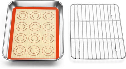 TeamFar Toaster Oven Pan with Rack & Mat, 9.3’’ x 7’’ x 1’’ Mini Baking Pan Cooling Rack Stainless Steel with Silicone Mat Set for Daily Use, Healthy & Sturdy, Oven & Dishwasher Safe, Set of 3