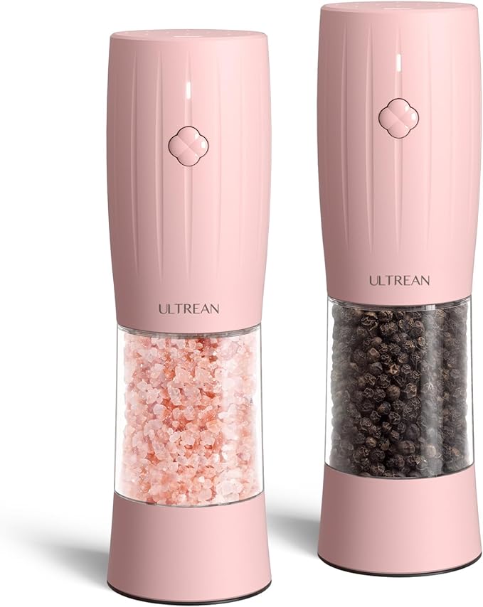 Ultrean Electric Salt and Pepper Grinder Set, USB-C Rechargeable, Salt and Pepper Shakers Spice Mill with 6 Adjustable Coarseness LED Light Larger Capacity, Kitchen Gadget, Gift for Women Mom, Pink