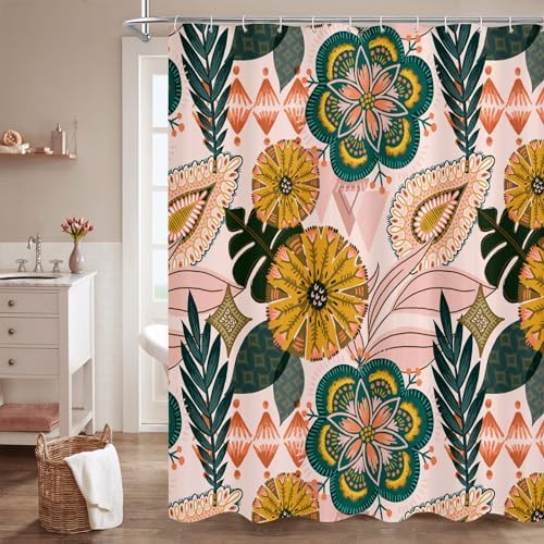 Pink Floral Shower Curtain, Boho Vintage Botanical Fabric Curtain, 72 x 72