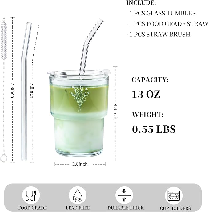 Olvini Mothers Day Gifts For Mom 13oz Glass Tumbler with Straw and Lid, Reusable Iced Coffee Cup Tumbler, Cute Glass Cups for Water, Matcha, Travel Coffee Mugs (Wildflower- 13oz)