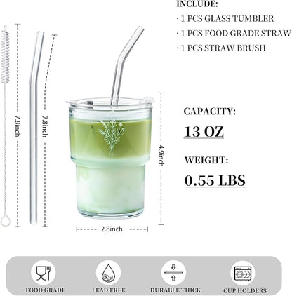 Olvini Mothers Day Gifts For Mom 13oz Glass Tumbler with Straw and Lid, Reusable Iced Coffee Cup Tumbler, Cute Glass Cups for Water, Matcha, Travel Coffee Mugs (Wildflower- 13oz)