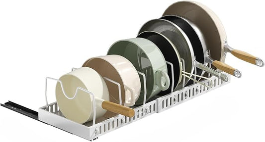 Pull-Out Pots and Pans Organizer, Expandable Lid Rack Pans Organizer Under Cabinet with 12 Adjustable Dividers, Storage Rack for Cookware, Spice, Cutting Board, Dishes, Baking Tray, Lid (White)