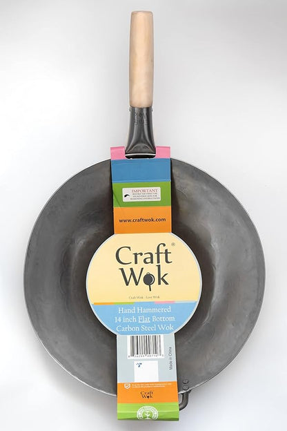 Craft Wok Flat Hand Hammered Carbon Steel Pow Wok with Wooden and Steel Helper Handle (14 Inch, Flat Bottom) / 731W316