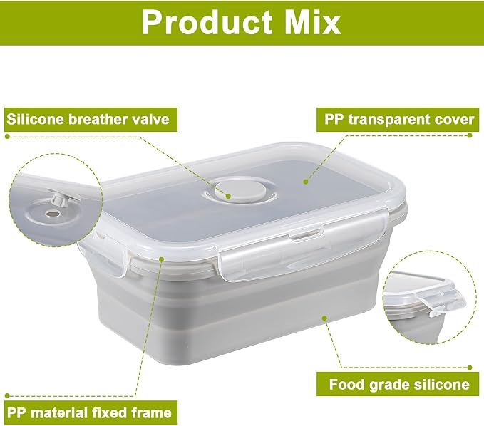 Mifoci Set of 8 Silicone Collapsible Bowls for Camping with Vent Lid Silicone Storage Containers for Food Meal Preparation Square Bowl Microwave Freezer Dishwasher Safe(Gray,17 Oz/ 500 ml)