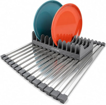 Medium Aluminum Roll Up Dish Drying Rack (17" x 13") - Fits Sinks up to 16 Inches, Heavy Duty Square Bar, Rust-Proof & Heat Resistant with Removable Dish Holder (Purple Gray Medium)