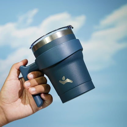 Konokyo 10 oz Tumbler with Handle and 2 Straw 2 Lid, Insulated Water Bottle Stainless Steel Vacuum Cup Reusable Travel Mug, Navy Blue