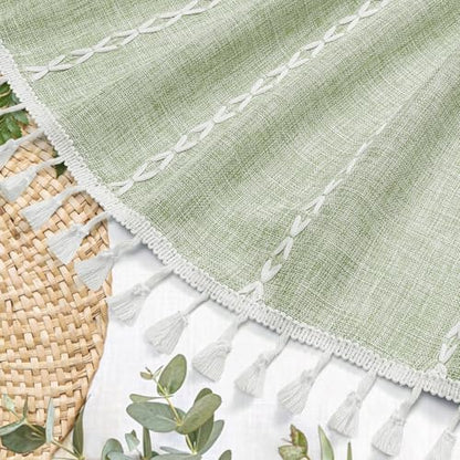 Boho Farmhouse Tassel Linen Shower Curtain,3D Embroidery Stripe Sage,72x72