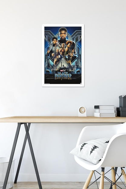 Trends International Marvel Cinematic Universe - Black Panther - Group One Sheet Wall Poster, 14.725" x 22.375", White Framed Version