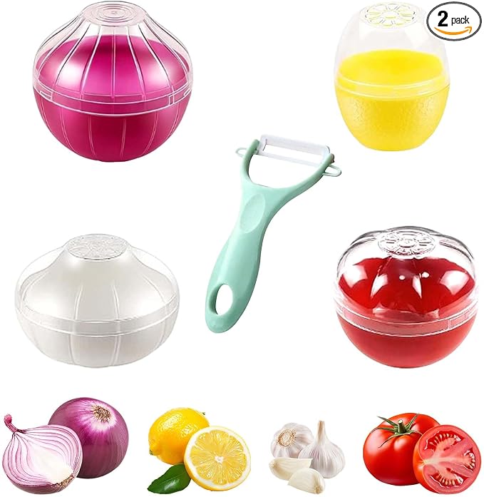 4PCS Lemon, Garlic, Tomato and Onion Storage Containers with Peeler, Freshness Keepers for Onion, Tomato, Garlic and Lemon, Ideal for Fridge Vegetable Crisper, Keeps Food Fresh Longer