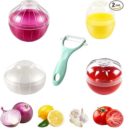4PCS Lemon, Garlic, Tomato and Onion Storage Containers with Peeler, Freshness Keepers for Onion, Tomato, Garlic and Lemon, Ideal for Fridge Vegetable Crisper, Keeps Food Fresh Longer