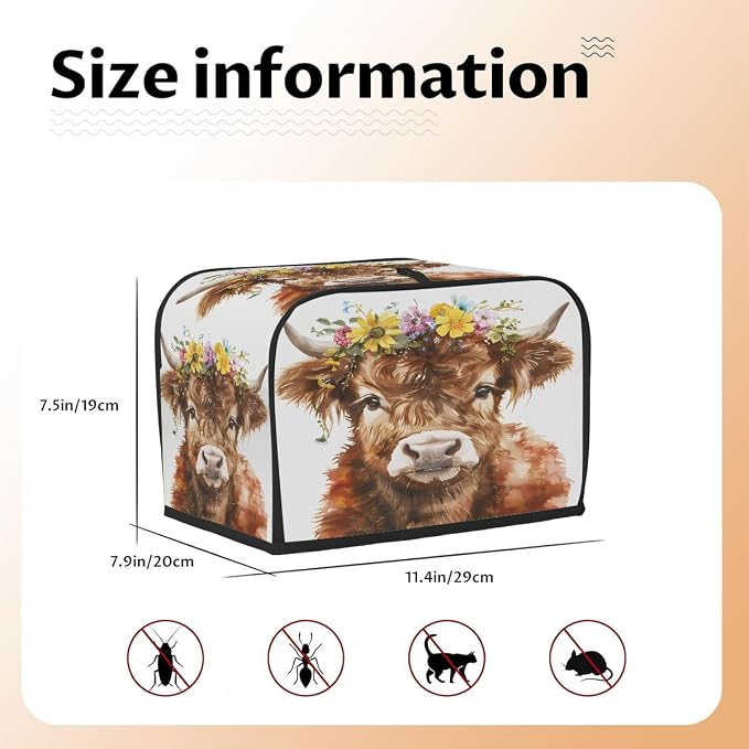 2 Slice Highland Cow Floral Toaster Cover Waterproof Dust Fingerprint Bread Machine Cover Washable Kitchen Appliance Protector For Home Kitchen Bakeware Table Decor Women Gifts